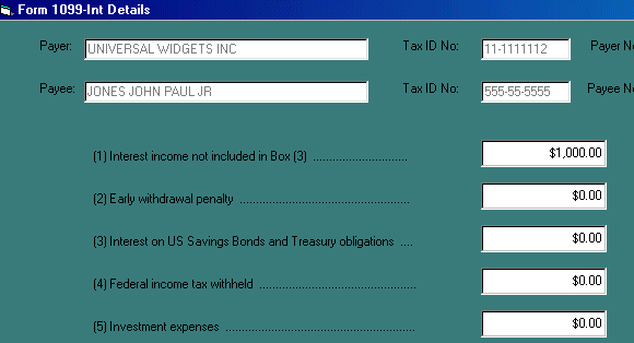 Enlarged Form 1099-INT dollar record input screen