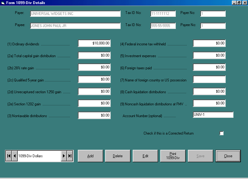 Form 1099-DIV dollar record input screen