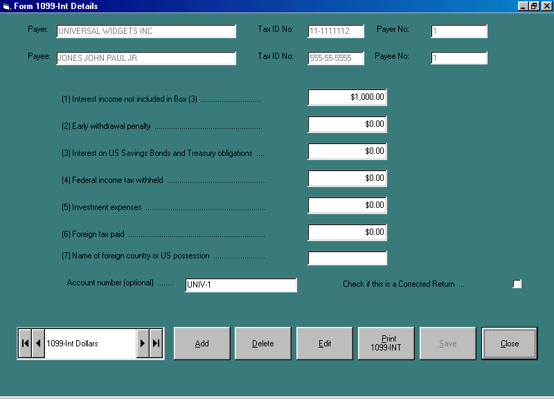 Form 1099-INT dollar record input screen
