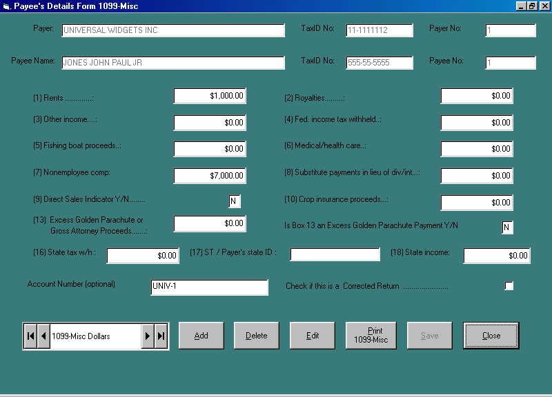 Form 1099-MISC dollar record input screen