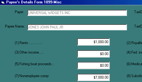 Form 1099-MISC dollar record input screen, enlarged