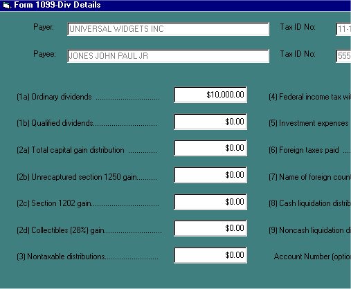 Form 1099-DIV financial record input screen 